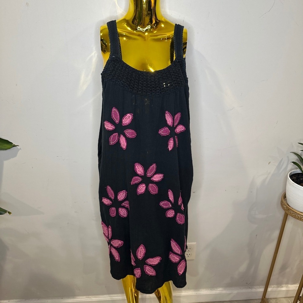 Boho Whimsical‎ Fairygoth Black Cotton Crochet Neck Floral Shift Dress LARGE